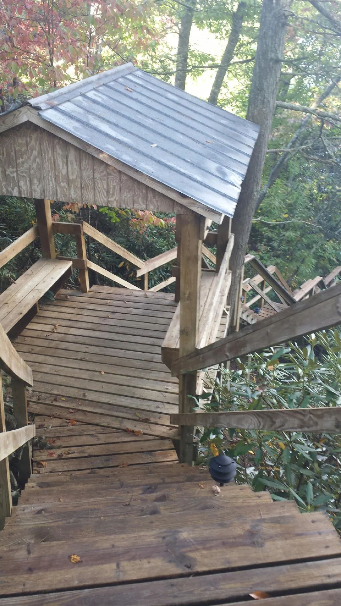 Metal roofed shelter over wooden steps on a wooded walkway — Skylight Repair & Installation work by our crew in Drummond